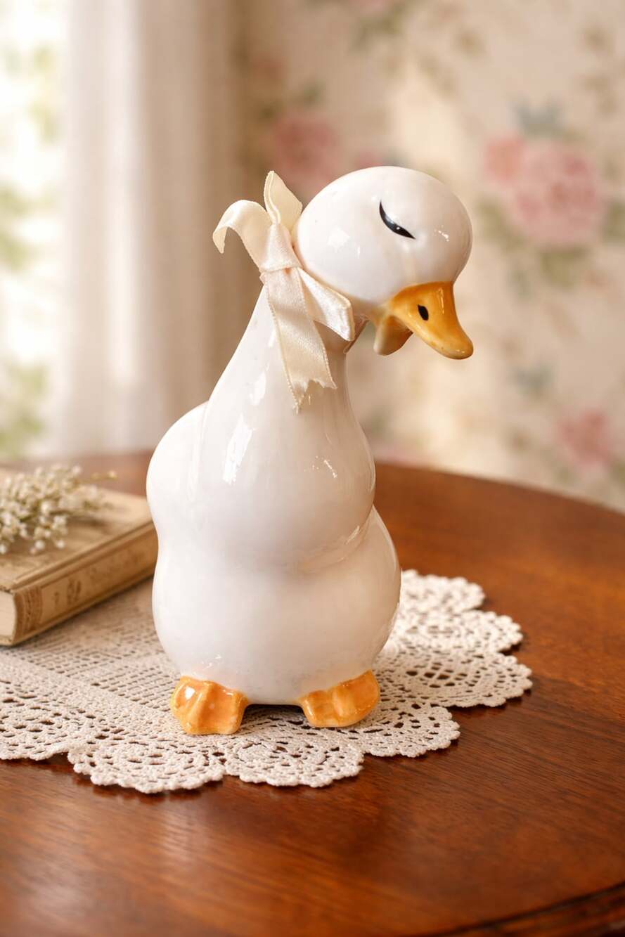Vintage Ceramic White Duck Goose Figurine with Ribbon Bow